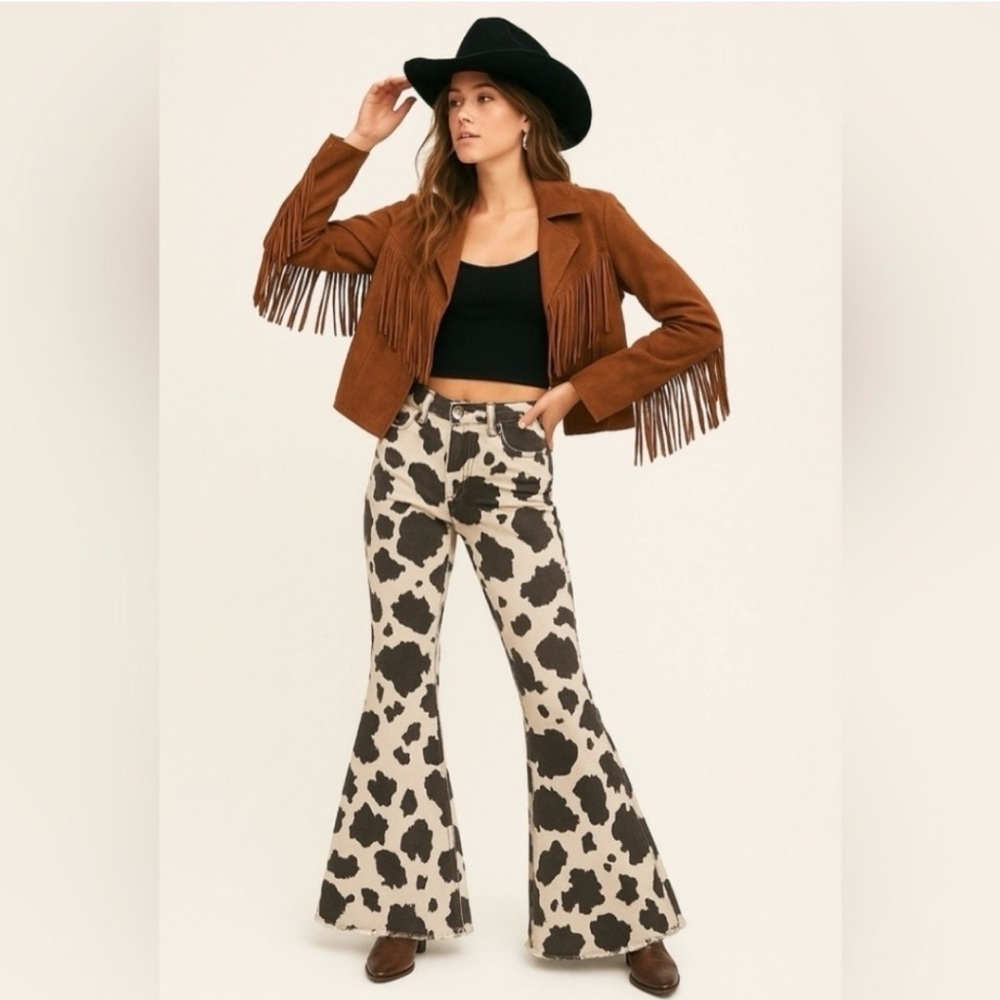Rock & Roll Cowgirl Black and White Cow Print Flare Pants